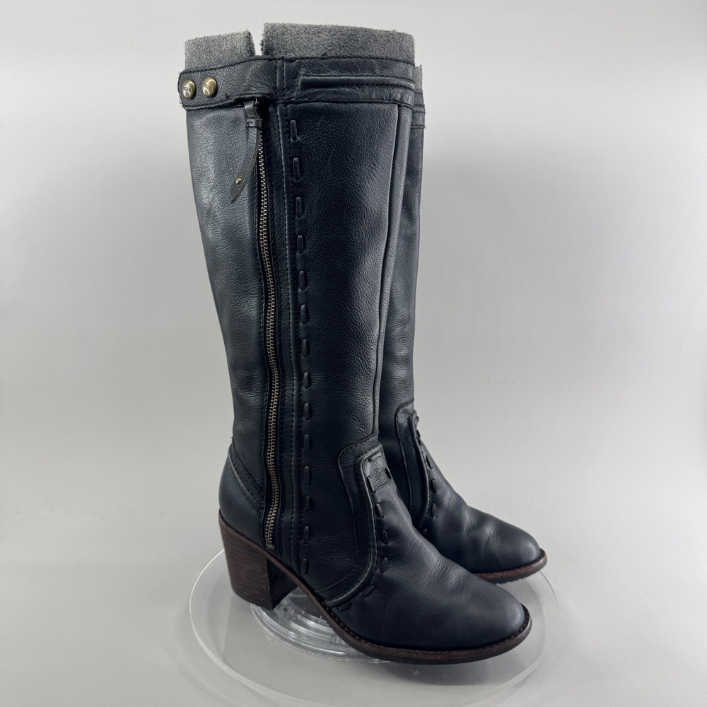 Fossil Womens Black Leather Tall Riding Boots Plaid Lined Block Heel Size 8